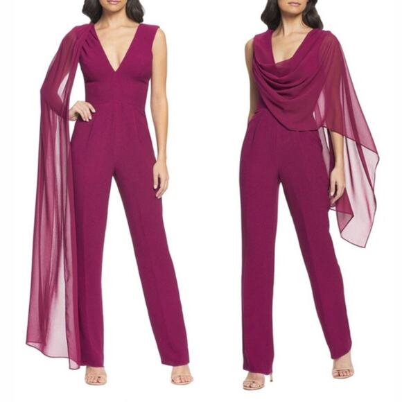 Dress The Population Robbie V-Neck Drape Jumpsuit Burgundy L - Picture 1 of 9
